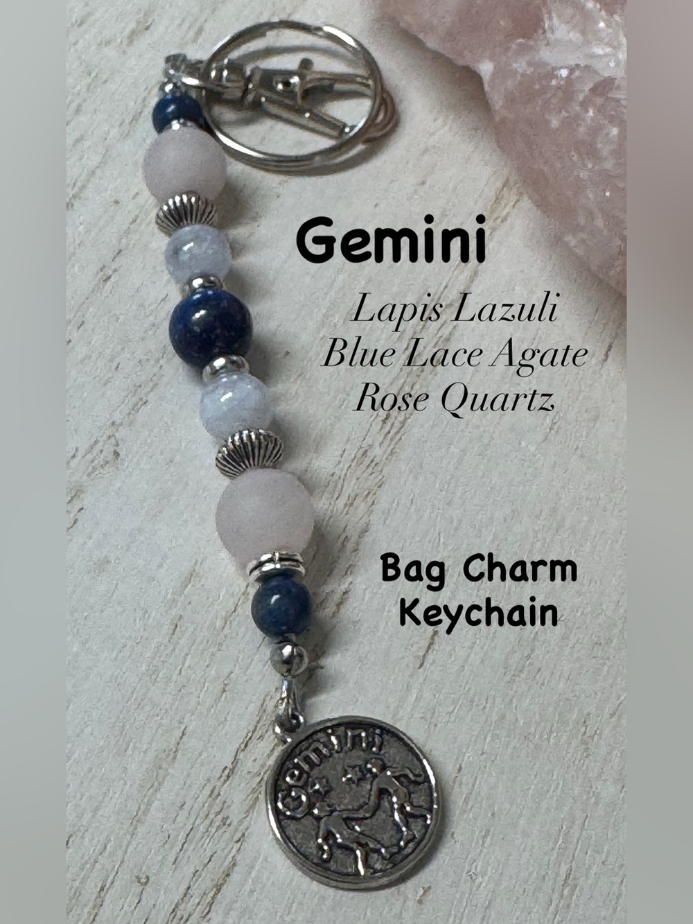 2/$40 Gemini Gemstone Bag Charm Keychain - Lapis, Blue Lace Agate & Rose Quartz